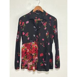 Desigual Floral Mixed Print Asymmetrical Ruffle Tunic Button Up Shirt S Artsy